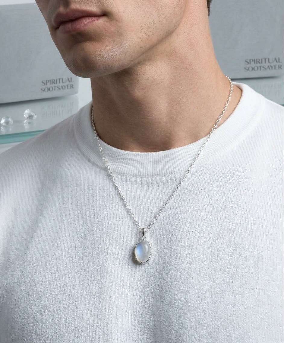 Lunar Crest Moonstone Men’s Necklace – 925 Sterling Silver