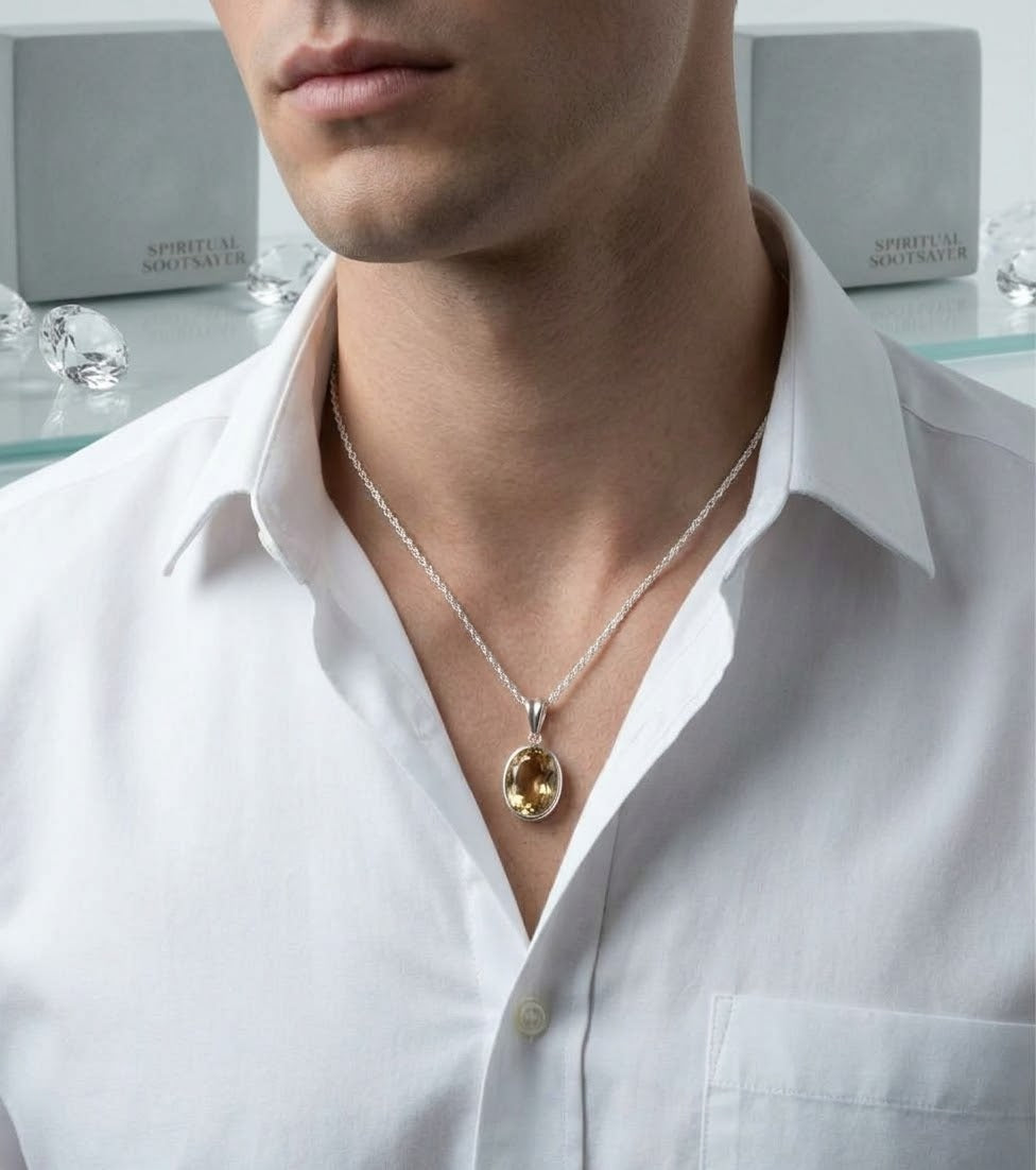 Solstice Crest Citrine Men’s Necklace – 925 Sterling Silver