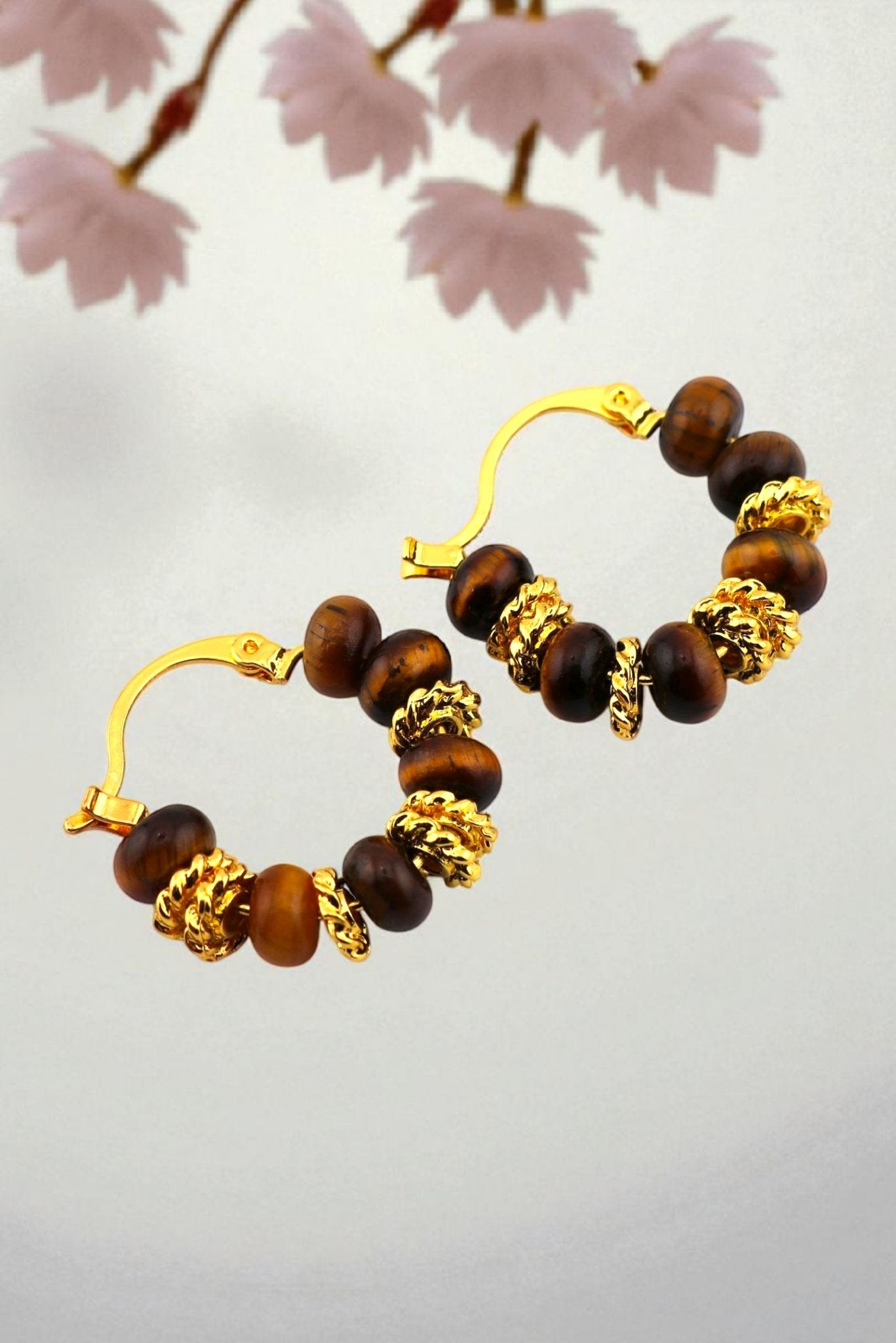Tiger Eye & Gold Accent Hoop Earrings - Fierce Loop Hoops