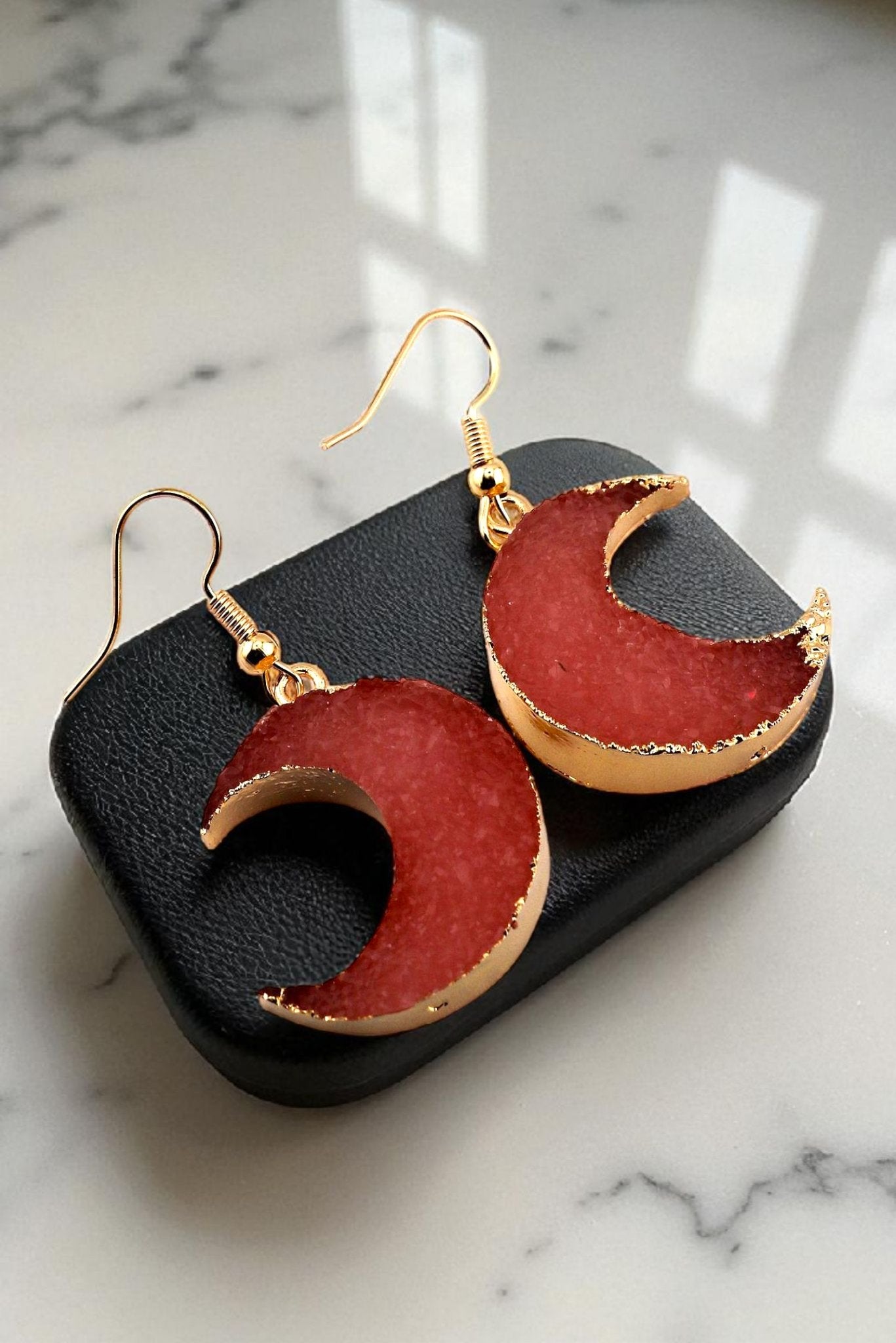 Moonfire – Red Agate Crescent Earrings