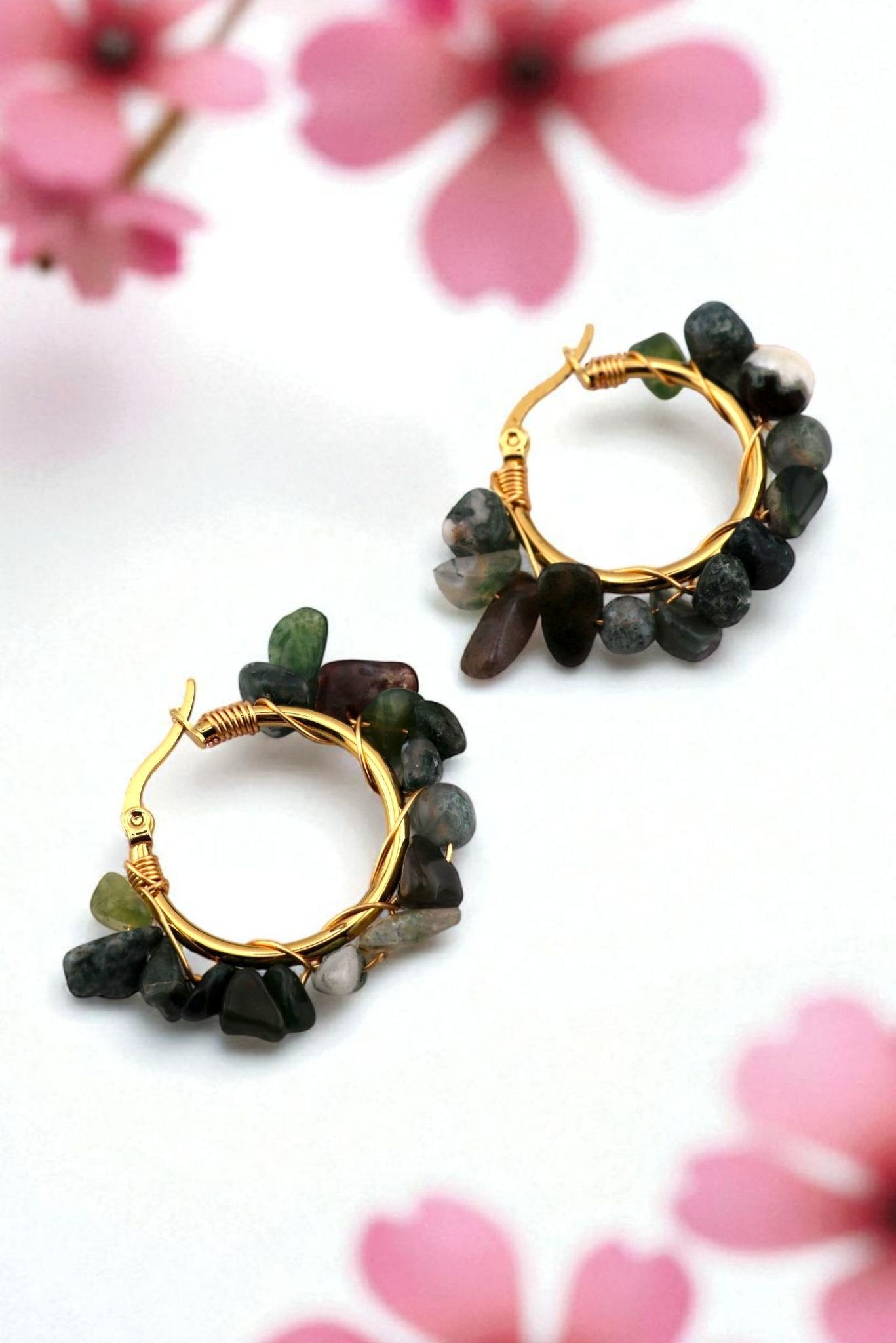 Moss Agate Hoop Earrings - Earthbound Hoops