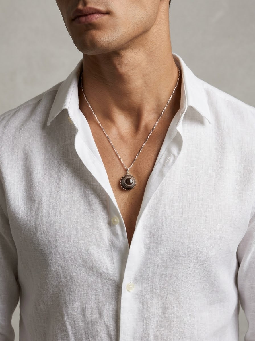 Obsidian Halo Aqeeq Men’s Necklace – 925 Sterling Silver