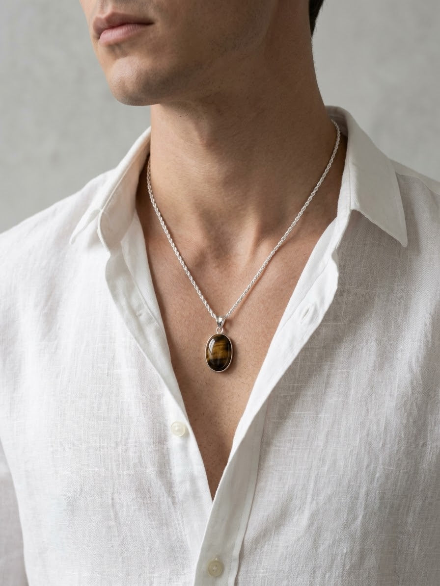Emberline Tiger Eye Men’s Necklace – 925 Sterling Silver