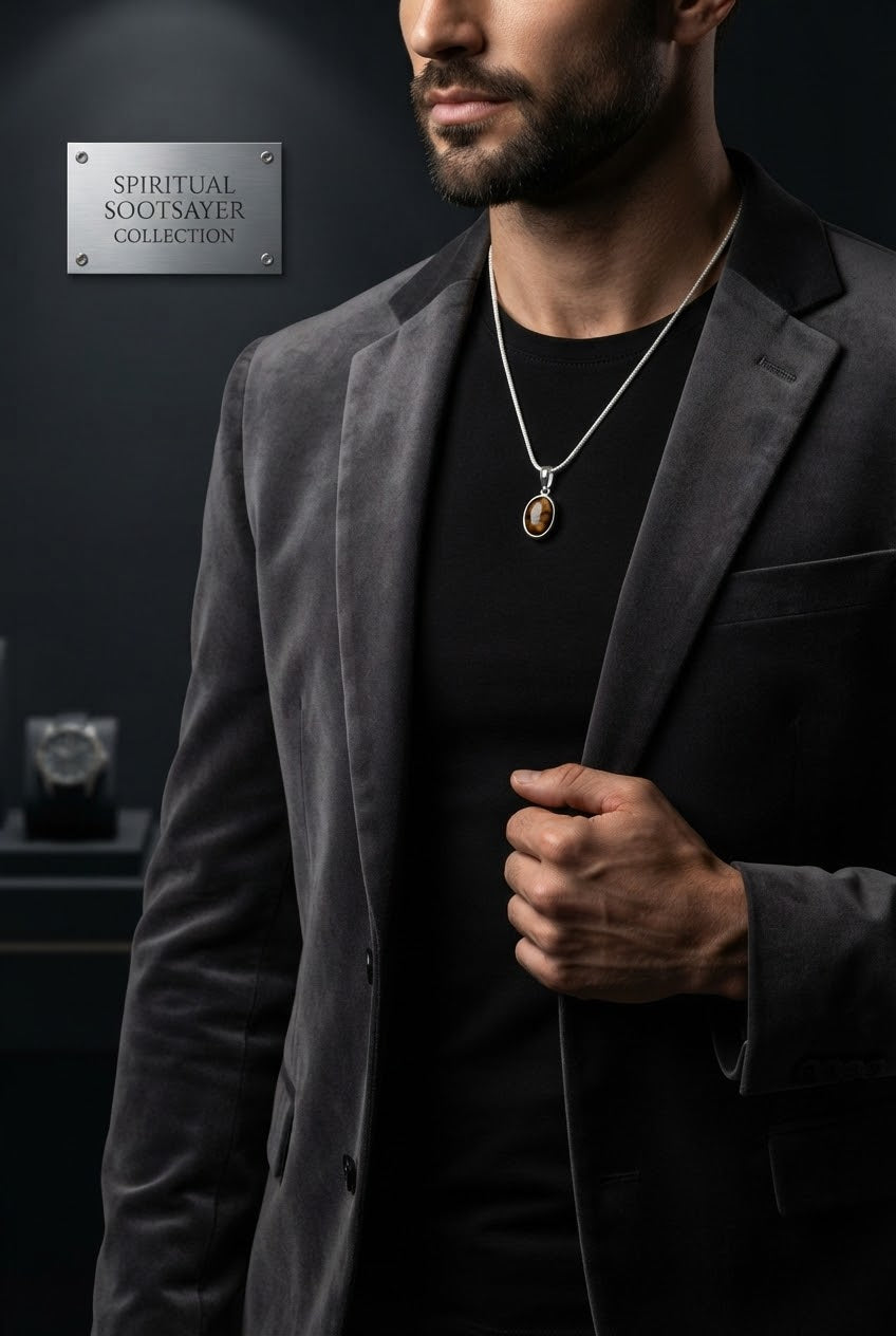 Amber Crest Tiger Eye Men’s Necklace – 925 Sterling Silver