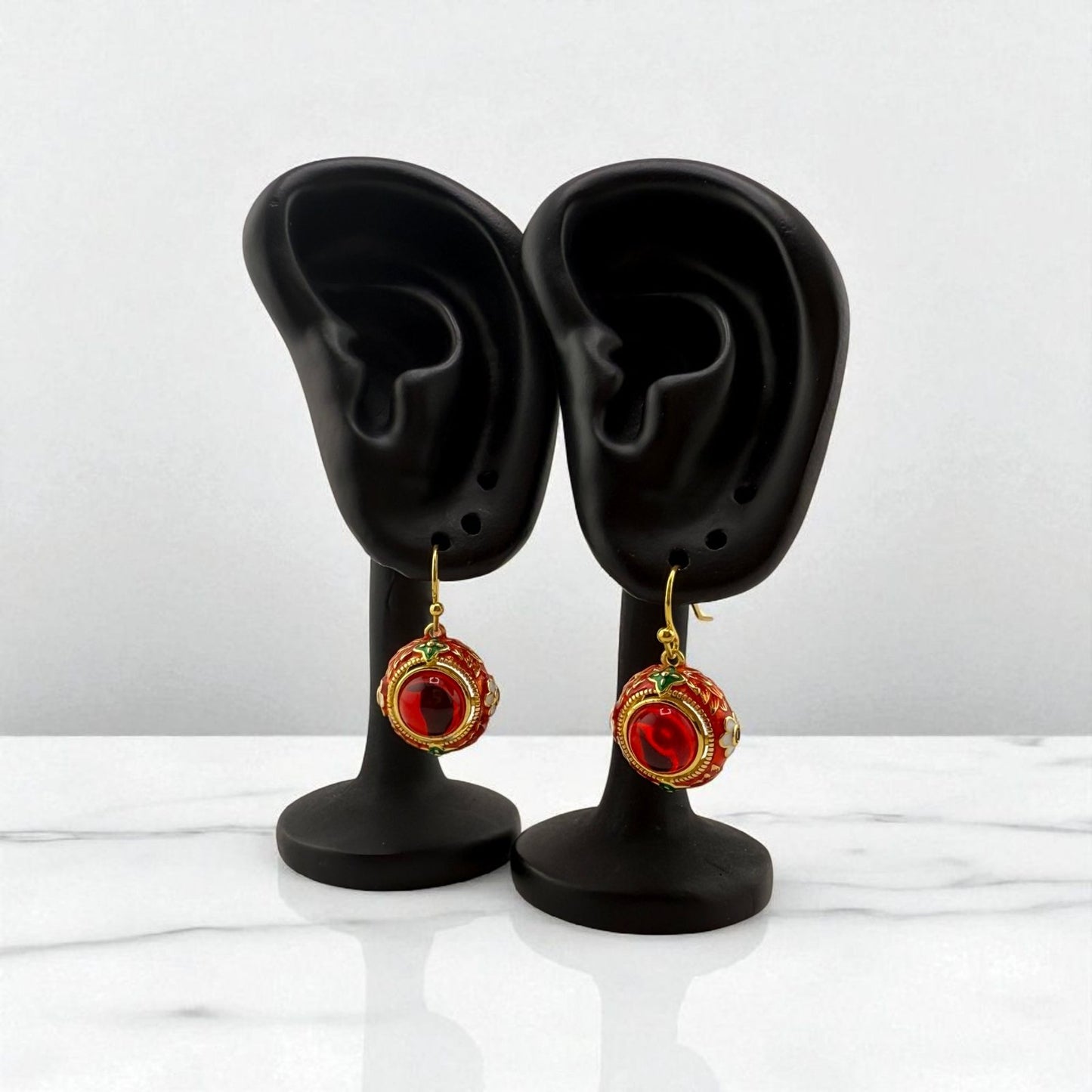 Garnet Red Enamel Earrings - Crimson Bloom