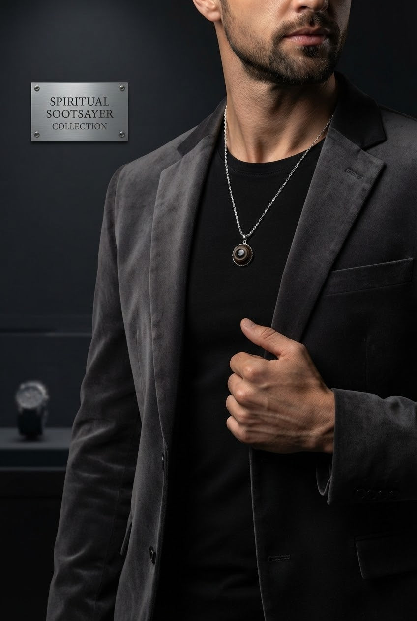 Obsidian Halo Aqeeq Men’s Necklace – 925 Sterling Silver