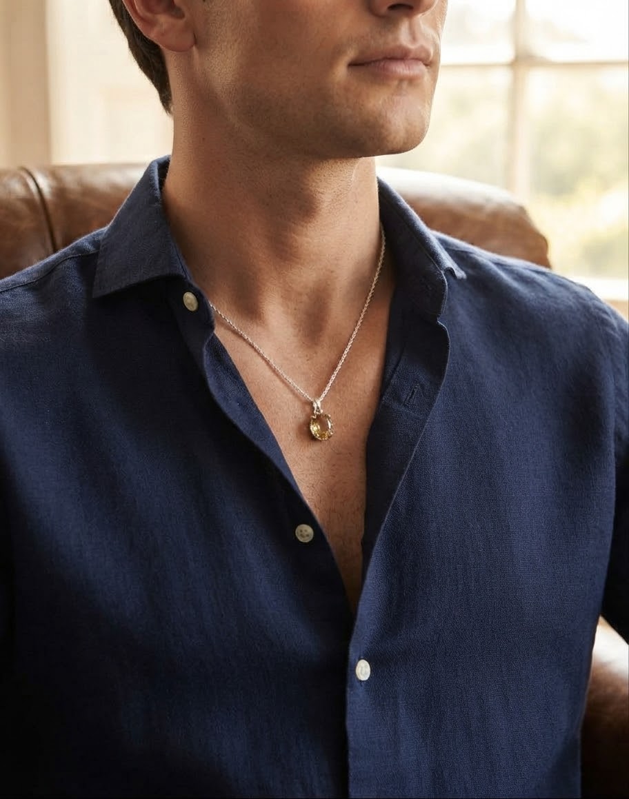 Golden Ember Citrine Men’s Necklace – 925 Sterling Silver