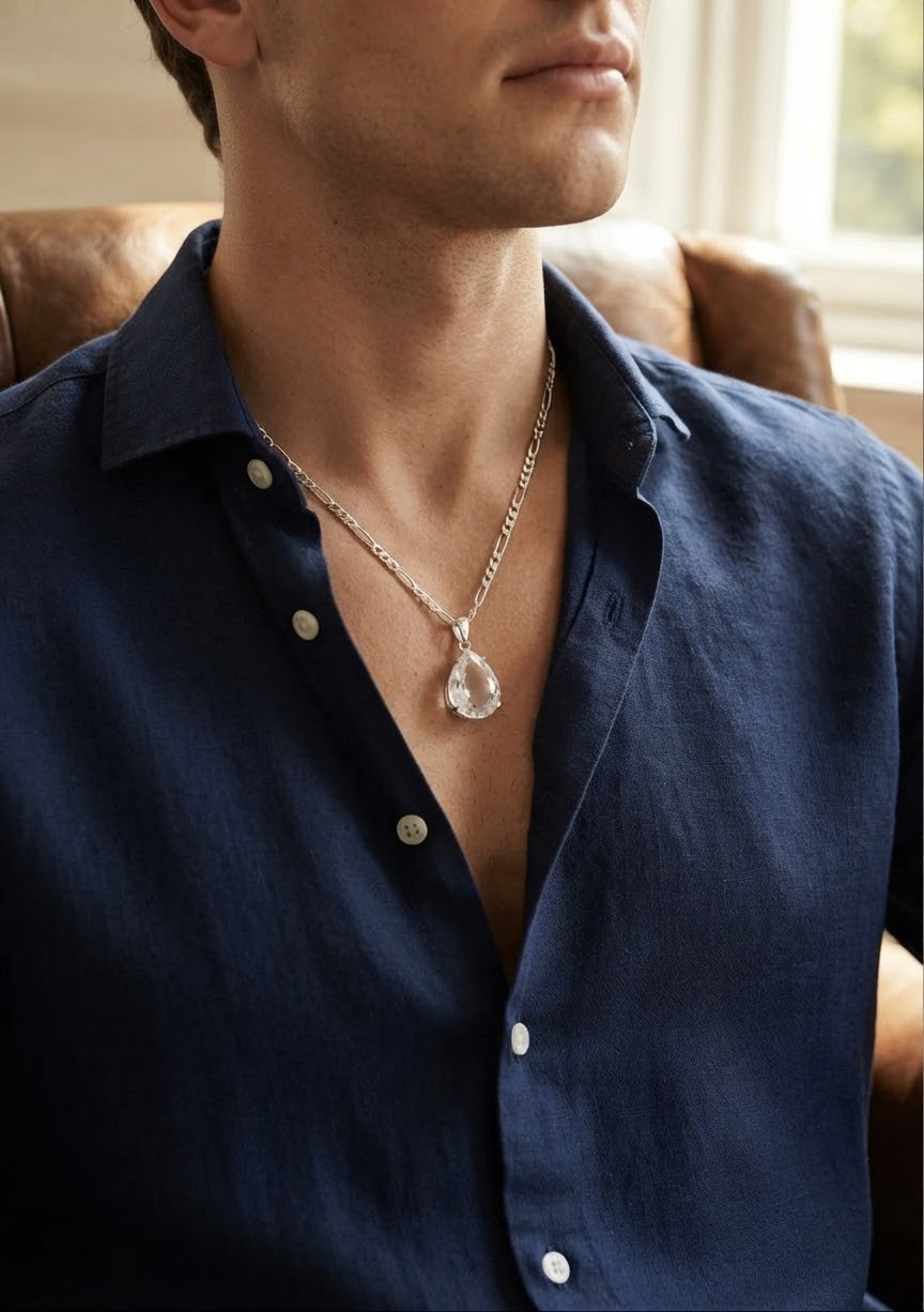 Arctic Radiance White Sapphire Men’s Necklace – 925 Sterling Silver