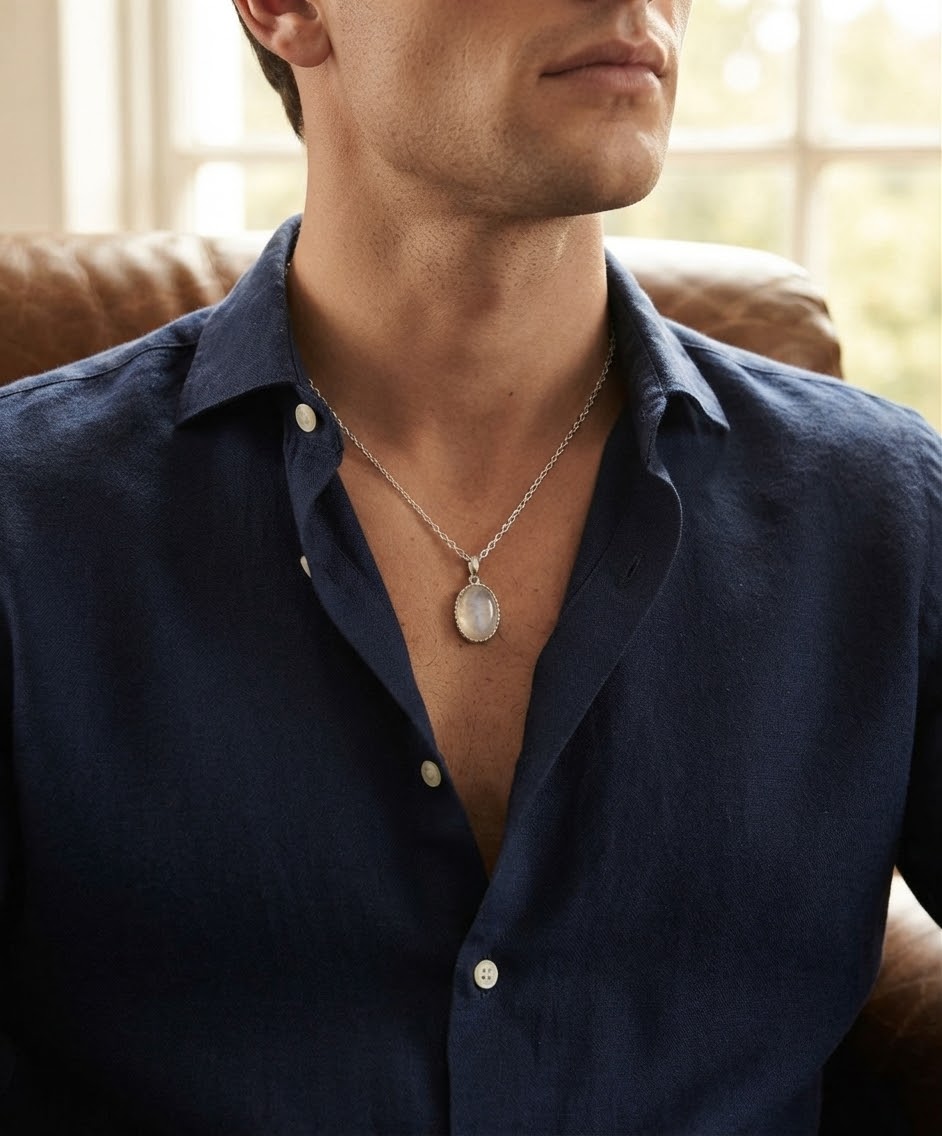 Celestial Drift Moonstone Men’s Necklace – 925 Sterling Silver