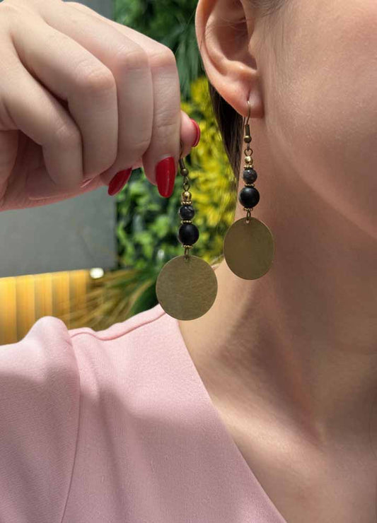 Brass & Black Onyx Dangle Earrings - Shadow Disc