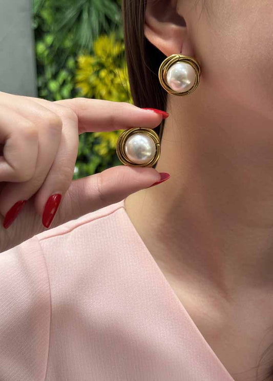 Golden Pearl Studs Earrings - Pearl Orbit Studs