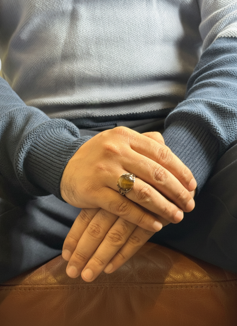 Brown Tiger Eye men’s ring worn with casual outfit