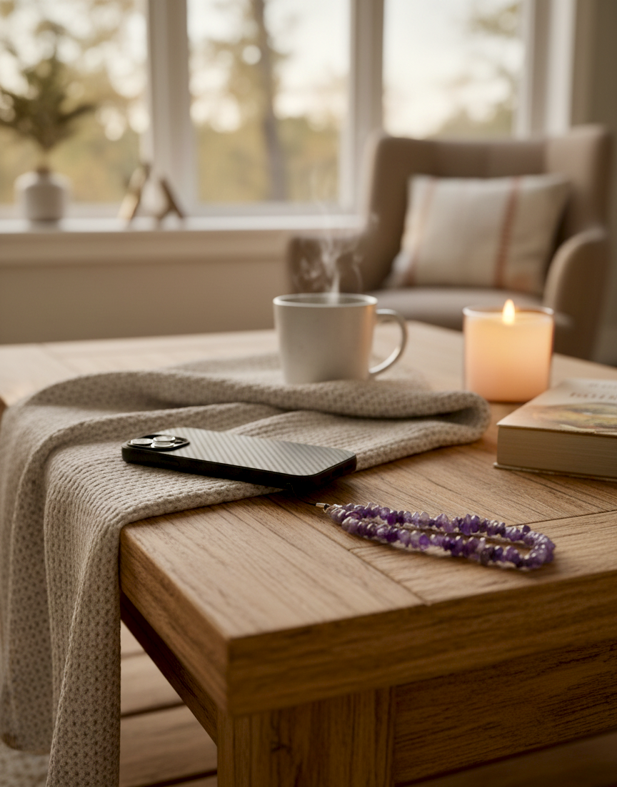 Purple crystal phone charm for calm energy