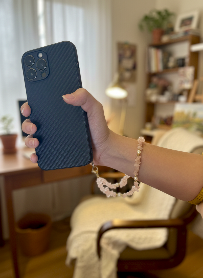 Rose Quartz phone charm with soft pink crystal chips