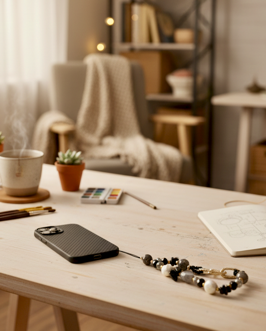Protective Black Agate and Smoky Quartz beaded phone strap