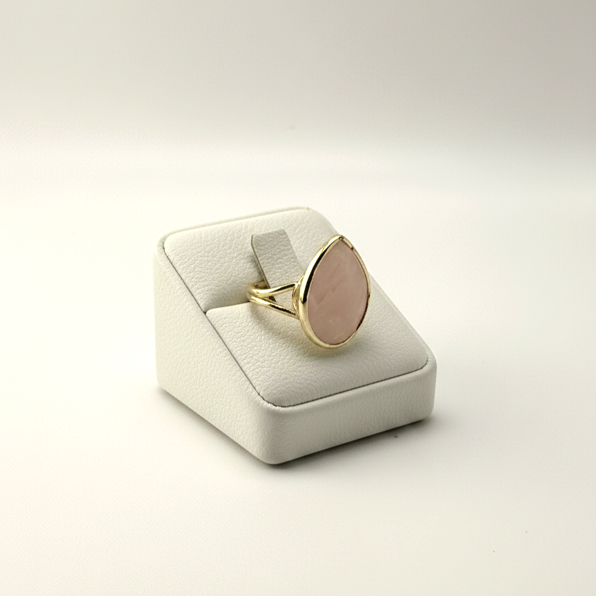 teardrop rose quartz ring worn