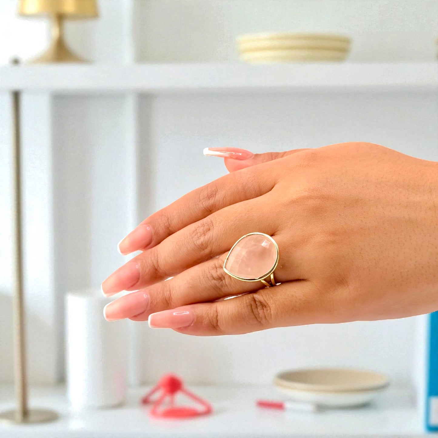 gold plated rose quartz ring