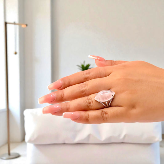 Silver Rose Quartz Marquise Cut Ring