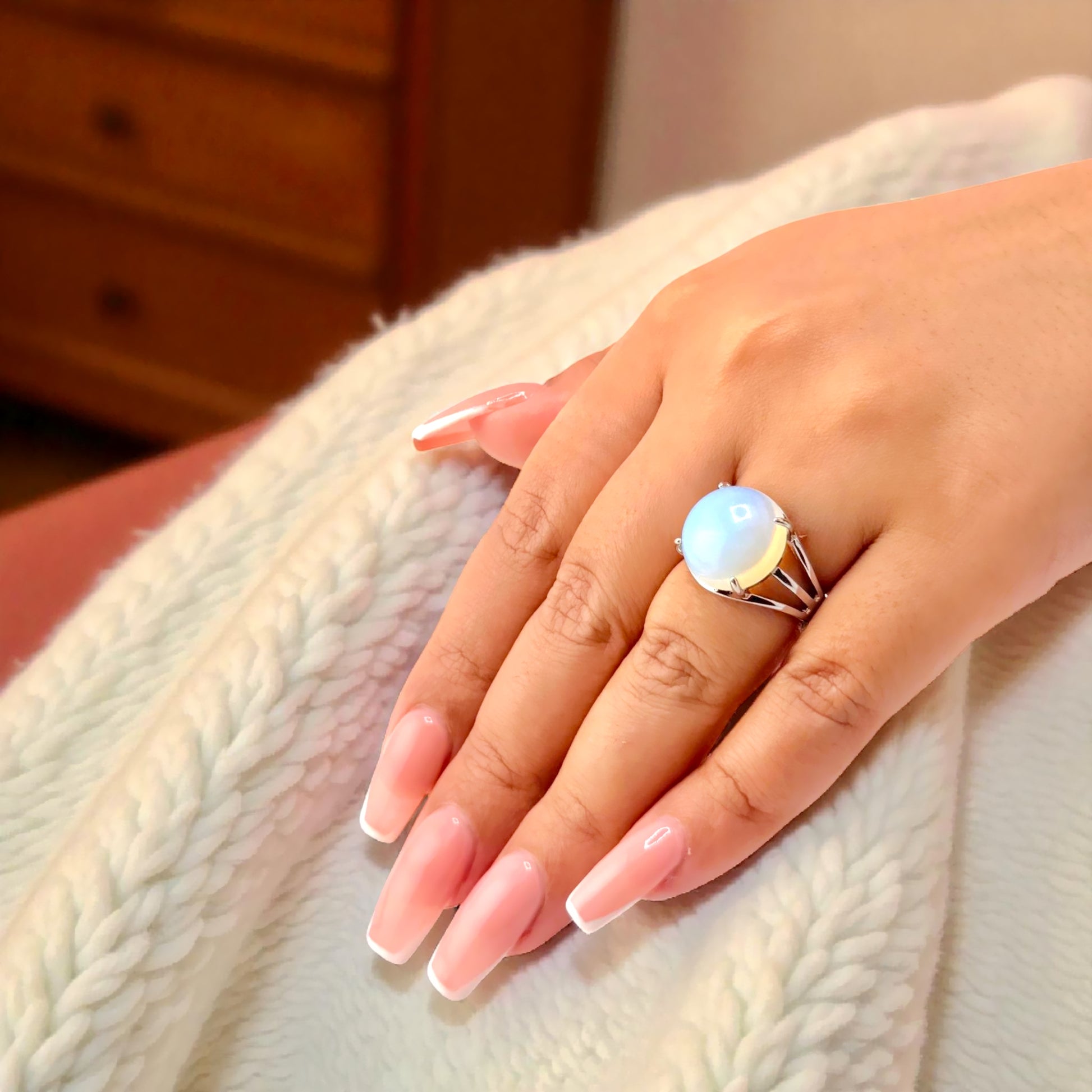 silver blue chalcedony ring on display