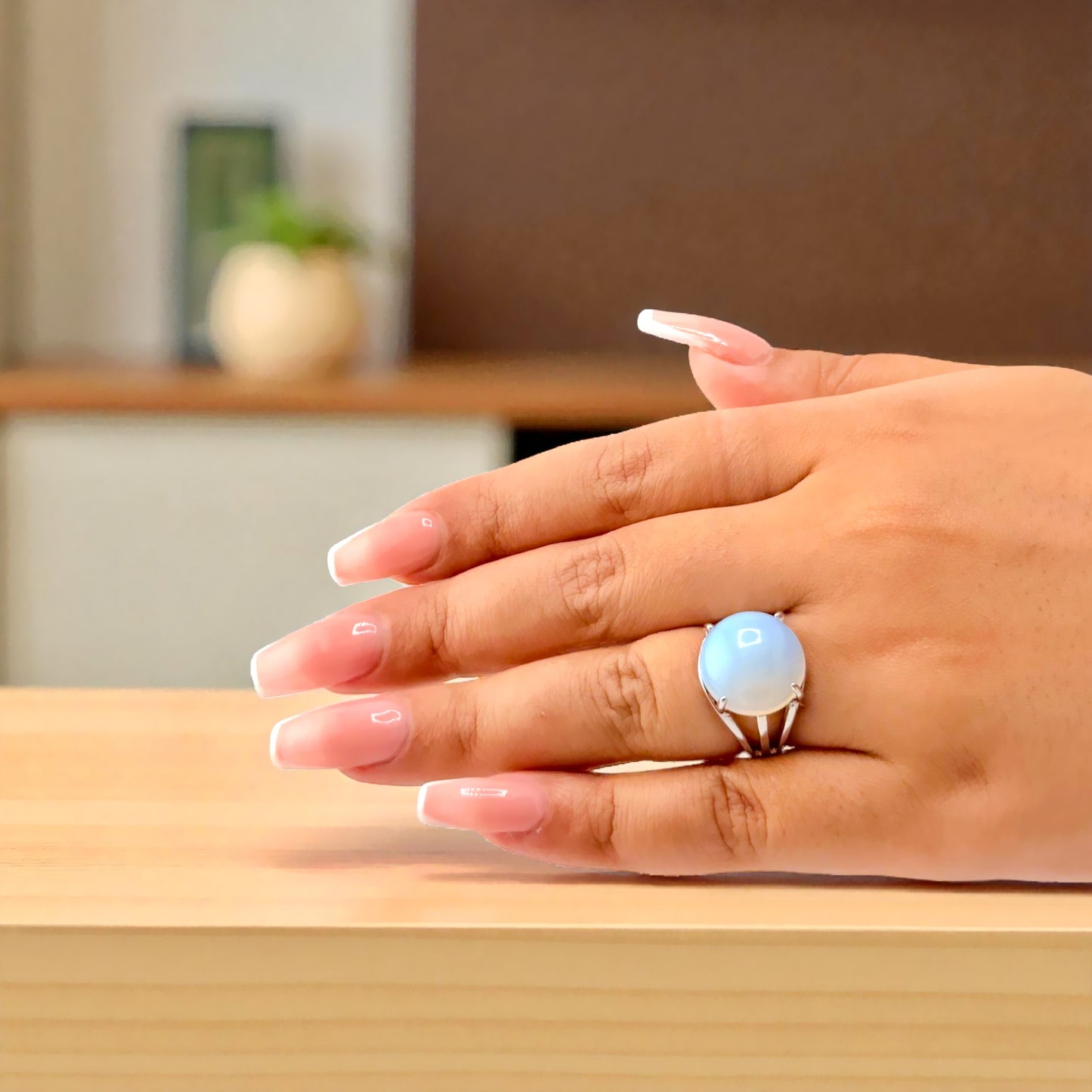 blue chalcedony cabochon gemstone ring