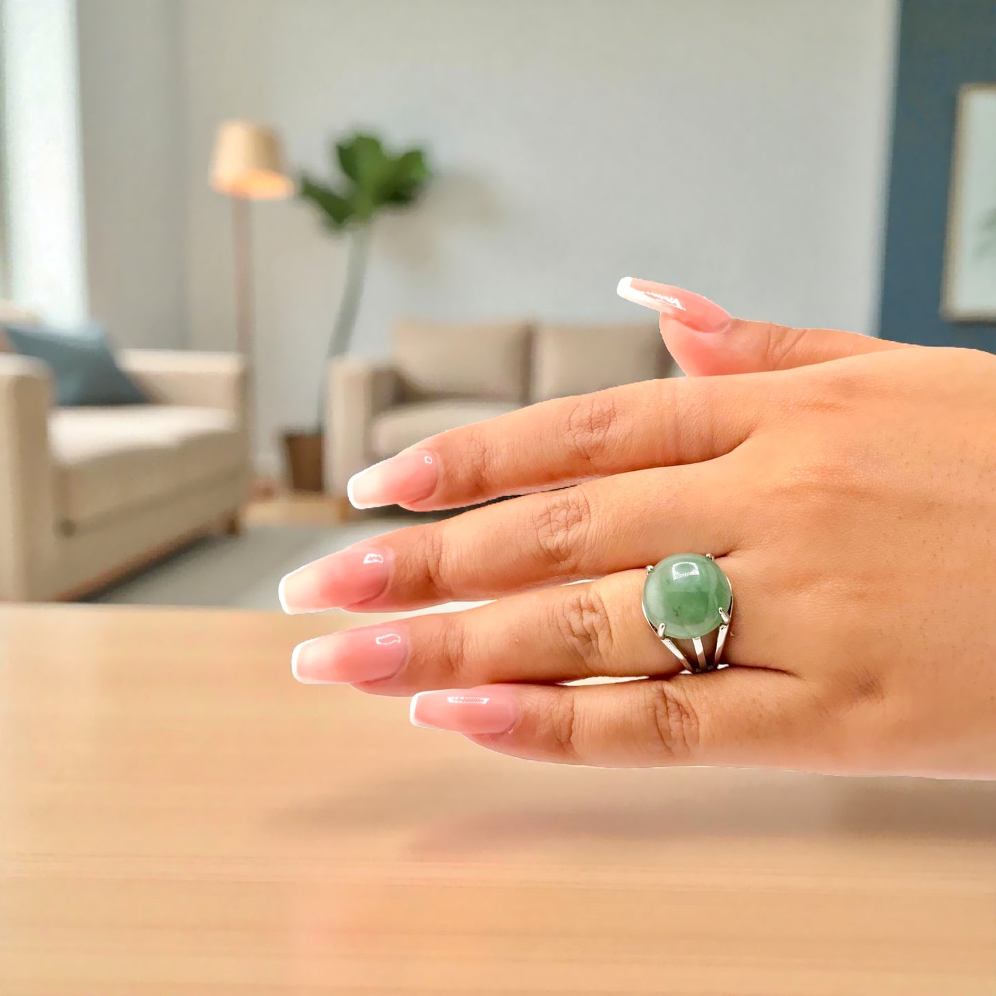 round green stone ring close up
