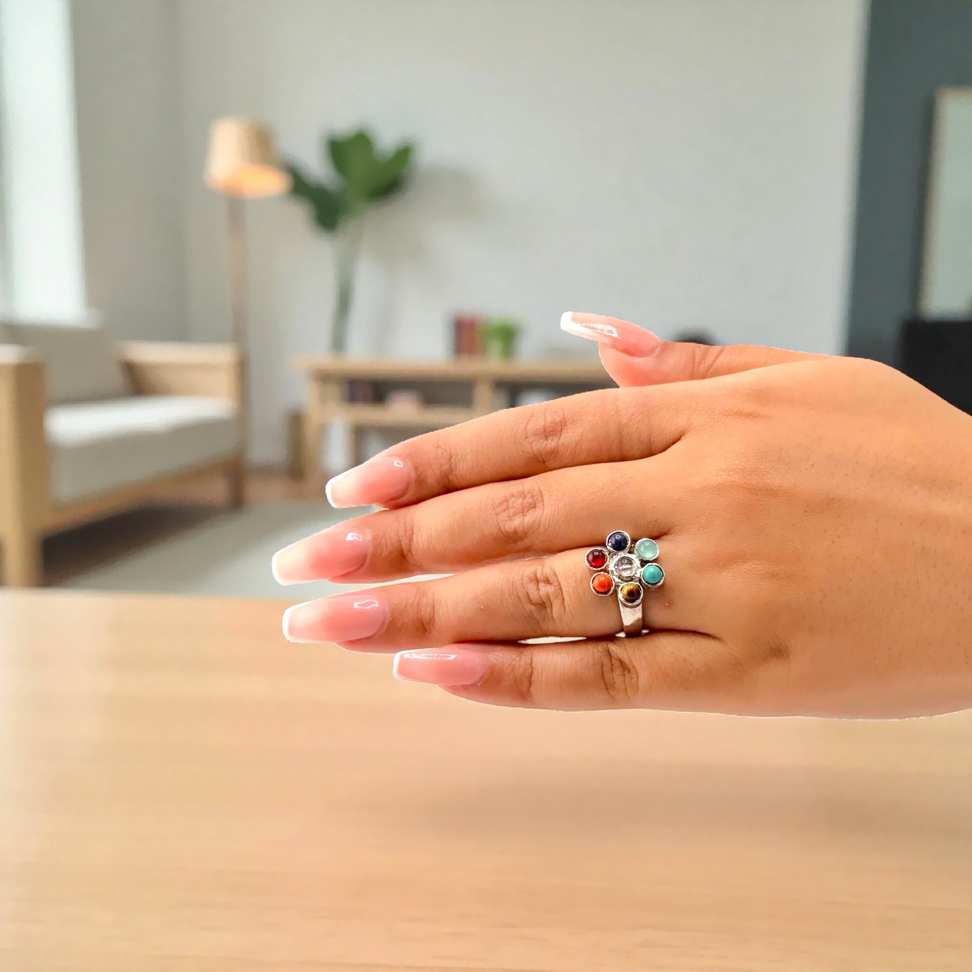 silver navratna ring with multicolour stones