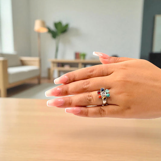 silver navratna ring with multicolour stones