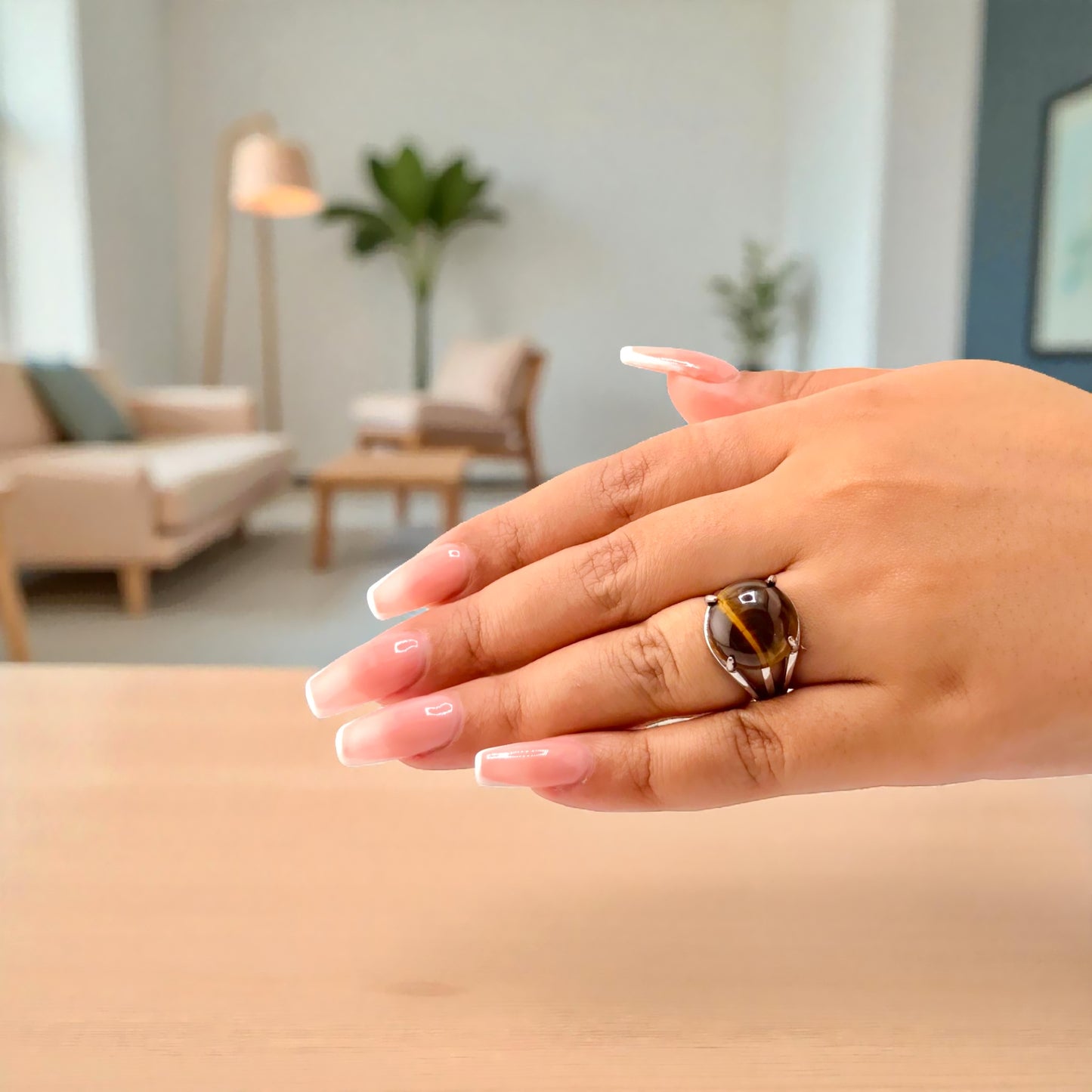 silver tiger eye gemstone ring