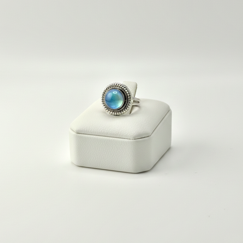 round blue stone ring close up