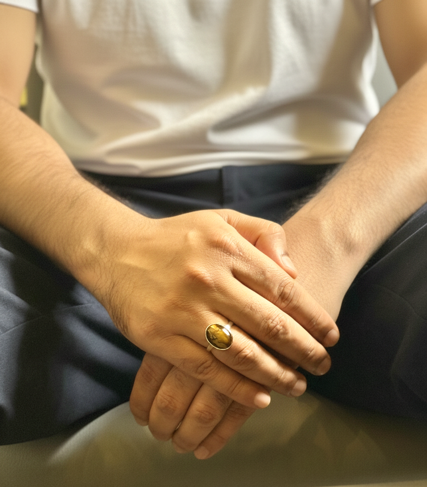 Golden Tiger Eye mens ring displayed on hand