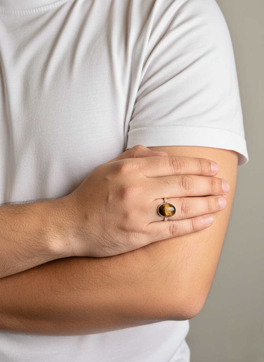 Close up of Tiger Eye gemstone ring on a man’s hand