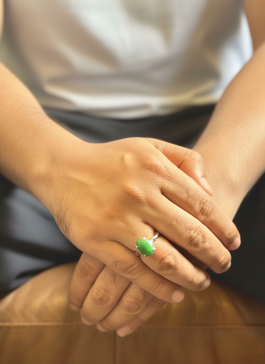 Polished Green Aventurine mens ring worn casually