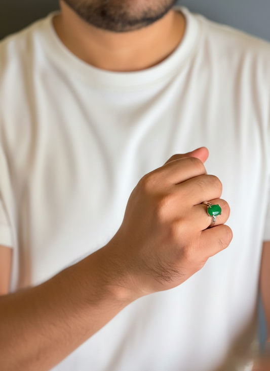 Man wearing Green Aventurine male ring in silver finish