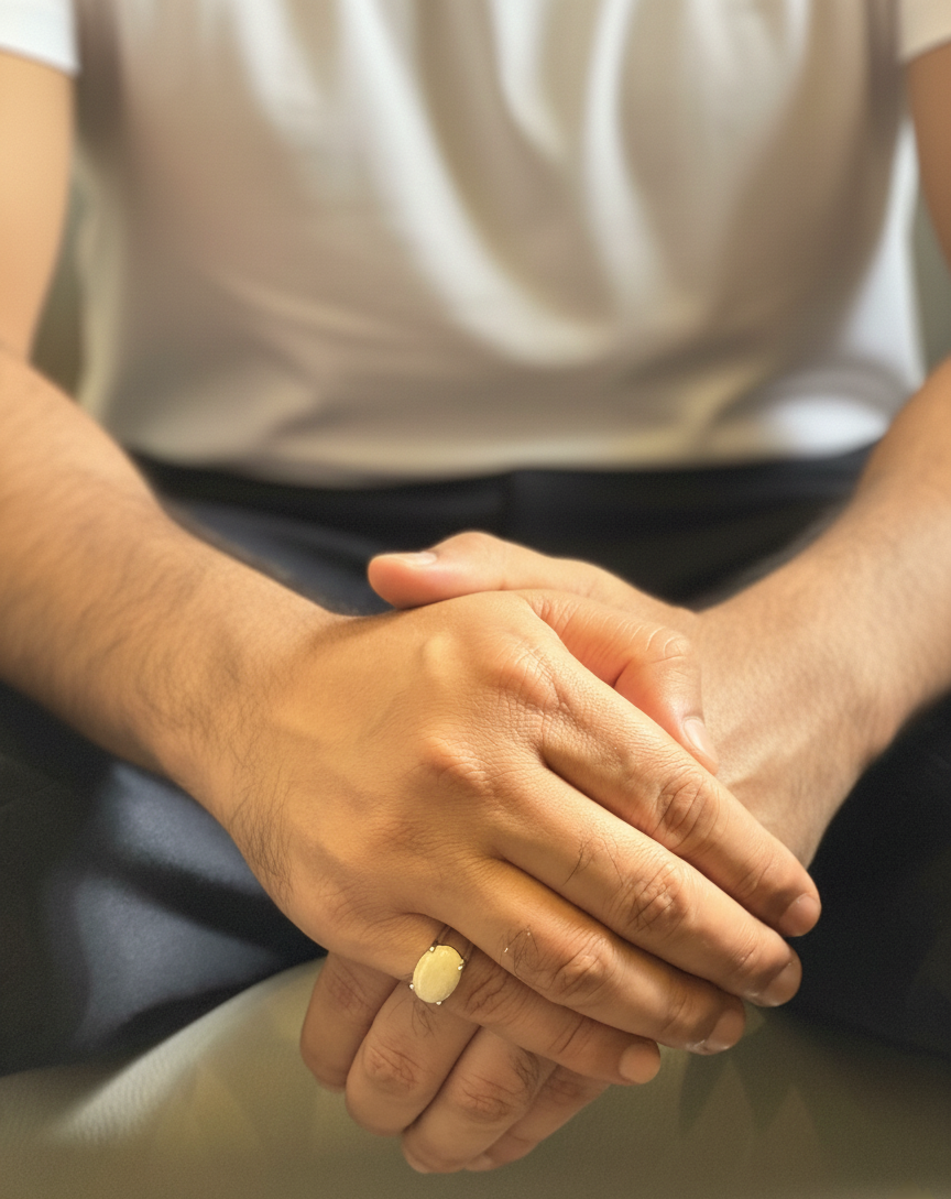 Mens White Agate ring shown with knitted sweater