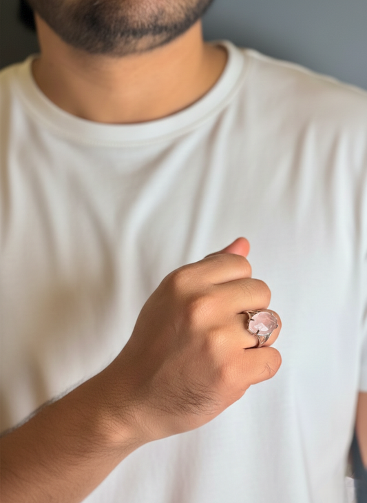 Man wearing Rose Quartz male ring in silver finish