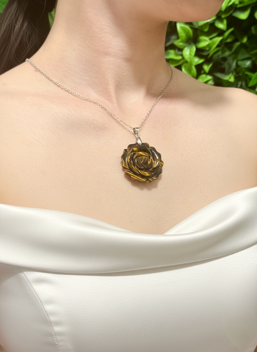 Tiger Eye Rose Carved Pendant Necklace – Protection, Confidence and Grounded Strength