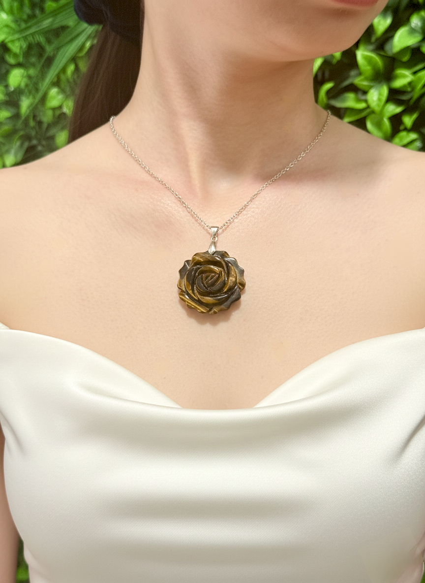 Tiger Eye Rose Carved Pendant Necklace – Protection, Confidence and Grounded Strength