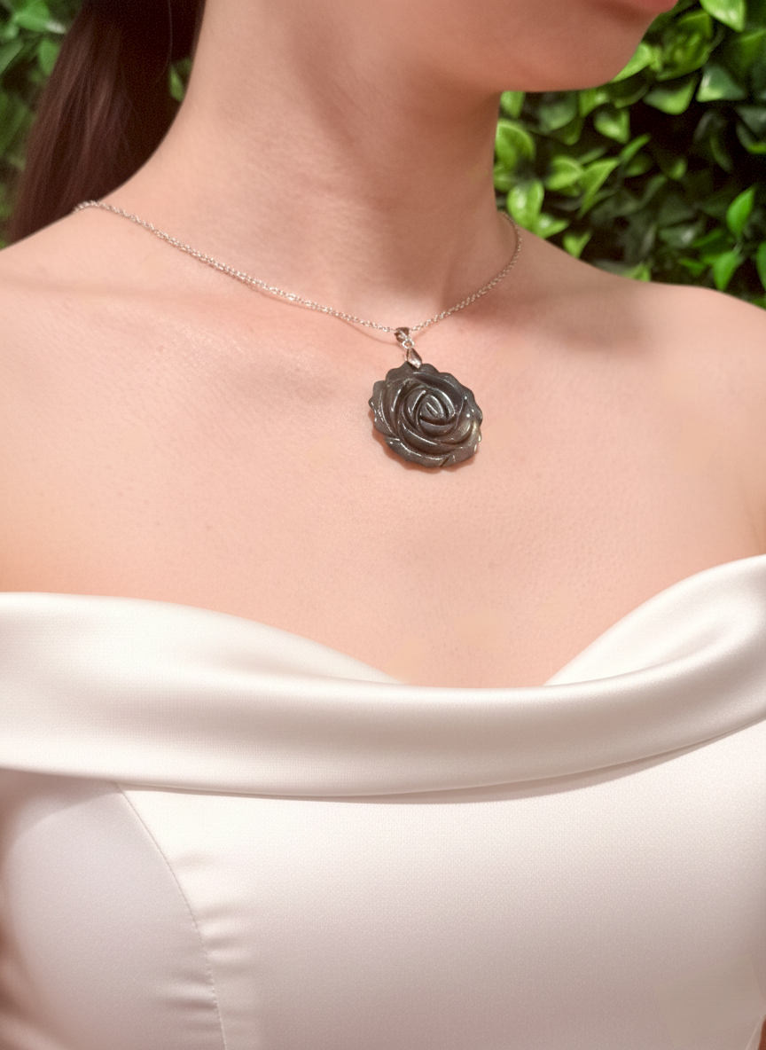 Multi Fluorite Rose Carved Pendant Necklace – Clarity, Balance and Emotional Harmony