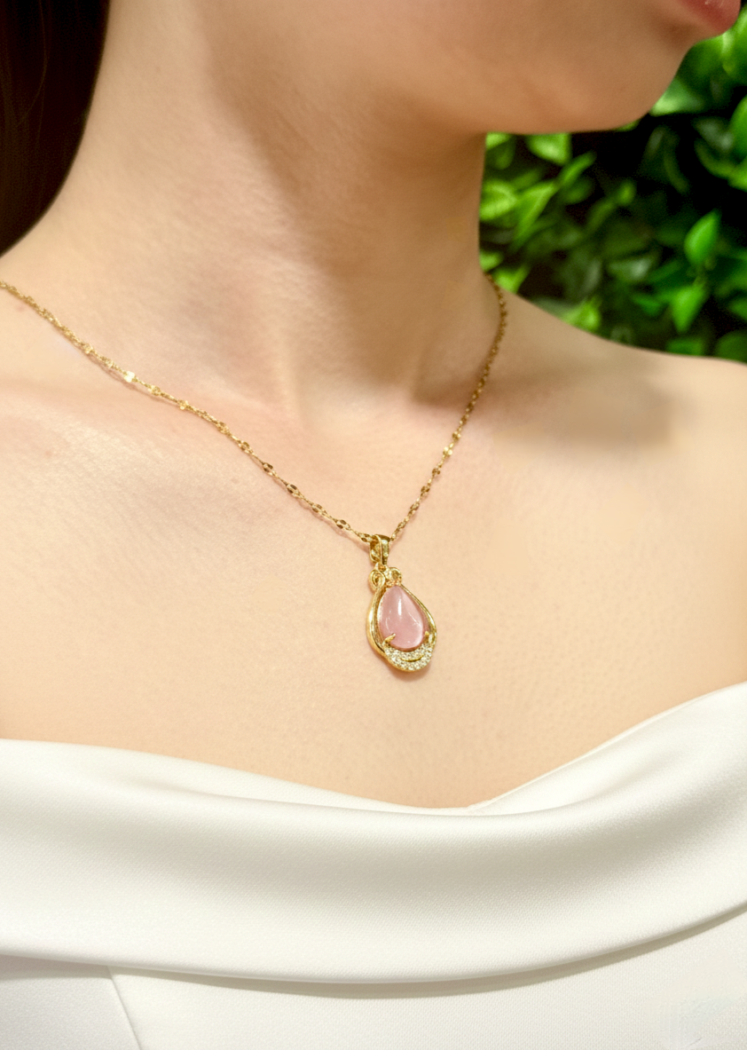 Gold Plated Pink Opalite Teardrop Pendant Necklace – Calm Glow & Gentle Elegance