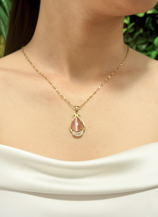 Gold Plated Pink Opalite Teardrop Pendant Necklace – Calm Glow & Gentle Elegance