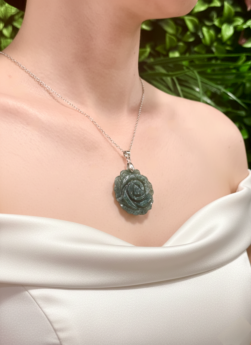 Green Jade Rose Pendant Necklace – Harmony, Protection and Prosperity