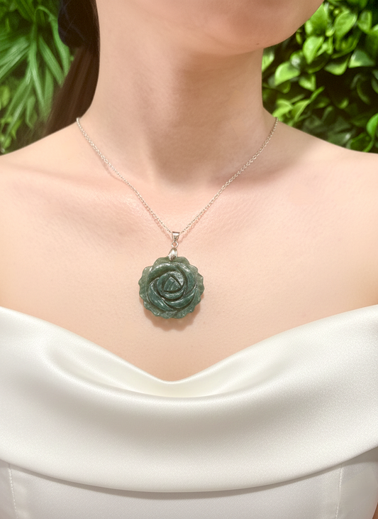 Green Jade Rose Pendant Necklace – Harmony, Protection and Prosperity
