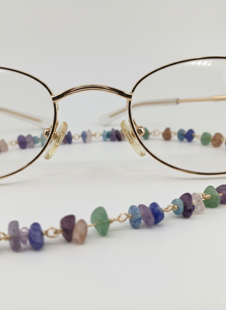 Eyeglasses with a colorful beaded chain on a white background