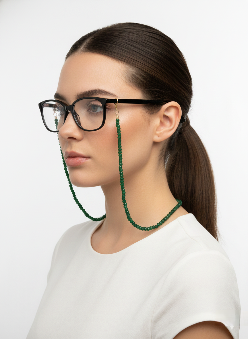Woman wearing a green beaded eyeglass chain against a white background