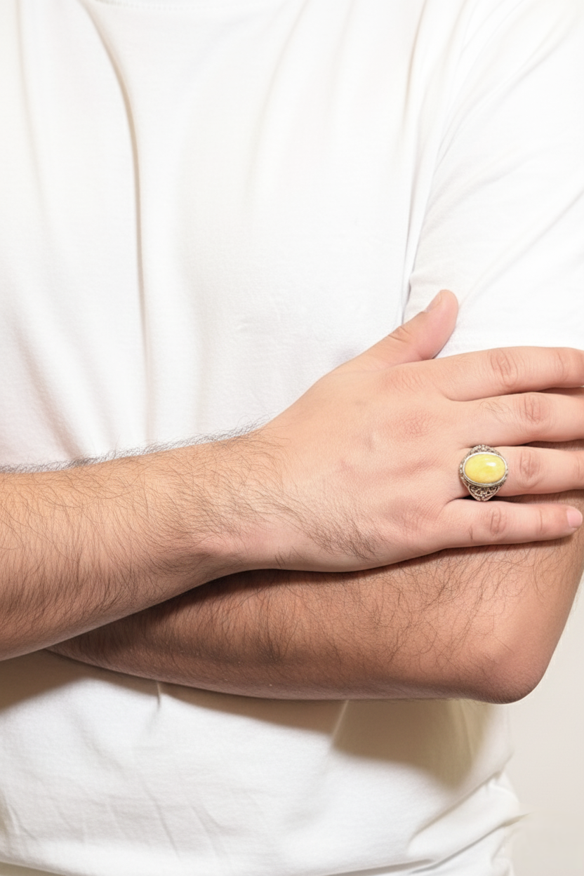 Rounded Yellow Jade Male Ring – Soft Yellow Natural Stone with Silver Finish