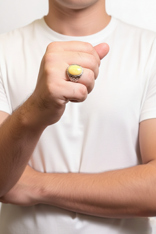 Rounded Yellow Jade Male Ring – Soft Yellow Natural Stone with Silver Finish