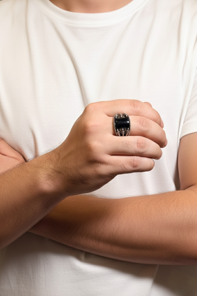 Rectangular Black Onyx Male Ring – Deep Black Natural Stone with Silver Finish