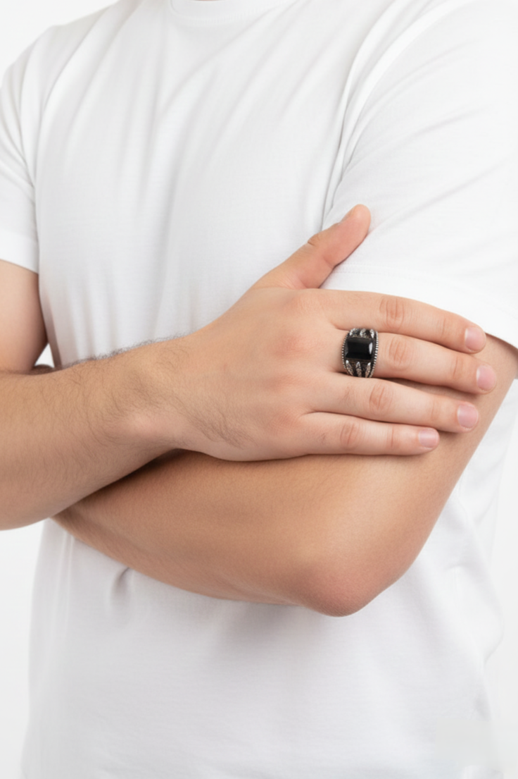 Rectangular Black Onyx Male Ring – Deep Black Natural Stone with Silver Finish