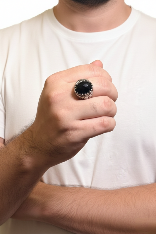 Faceted Black Onyx Male Ring – Deep Black Natural Stone with Silver Finish