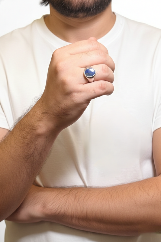 Rounded Lapis Lazuli Male Ring – Blue Natural Stone with Silver Finish